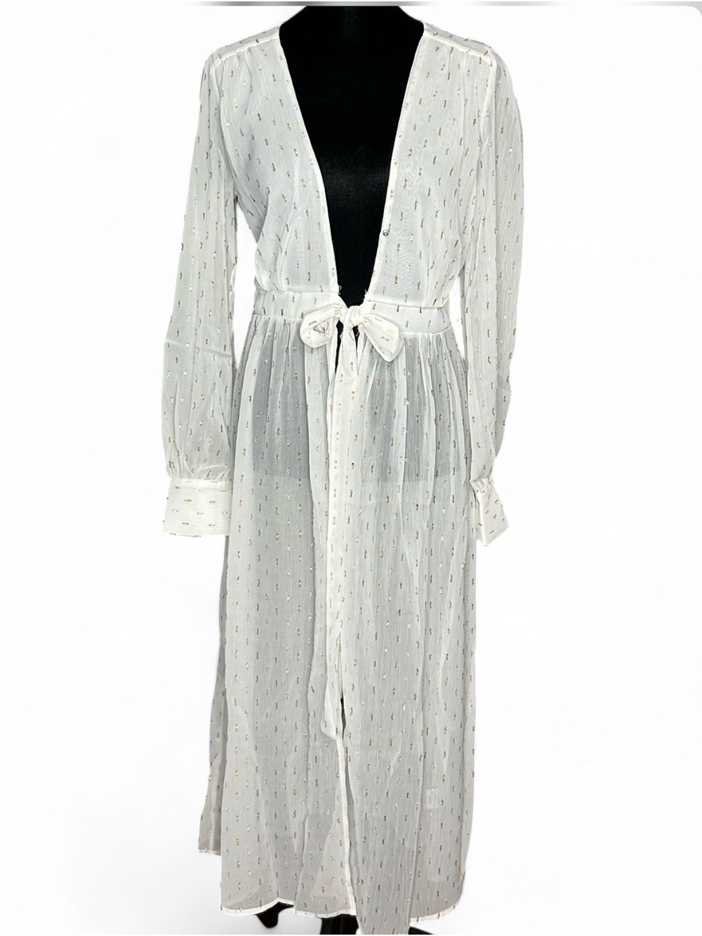 EMORY OARK Sheer White Long Tie-Waist Cardigan S, with Metallic Dot Accents NWT